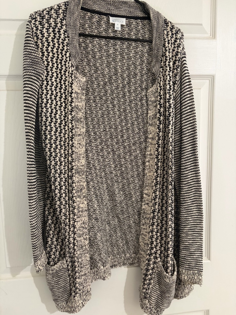 Market & Spruce Marled Knit Cardigan XL Open Front Black Cream